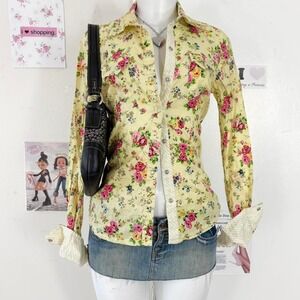 LEI Yellow Floral Button-Up Shirt Western Y2K Top (L)